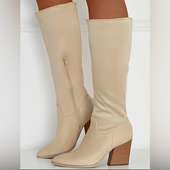 Women’s chunky heeled knee-high boots. Color: Beige Size: 11 - Picture 1 of 3